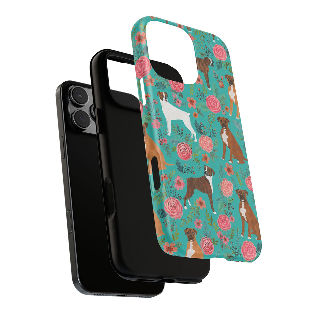 Boxer Dog Floral Phone Case — Teal Patterned Tough Cases