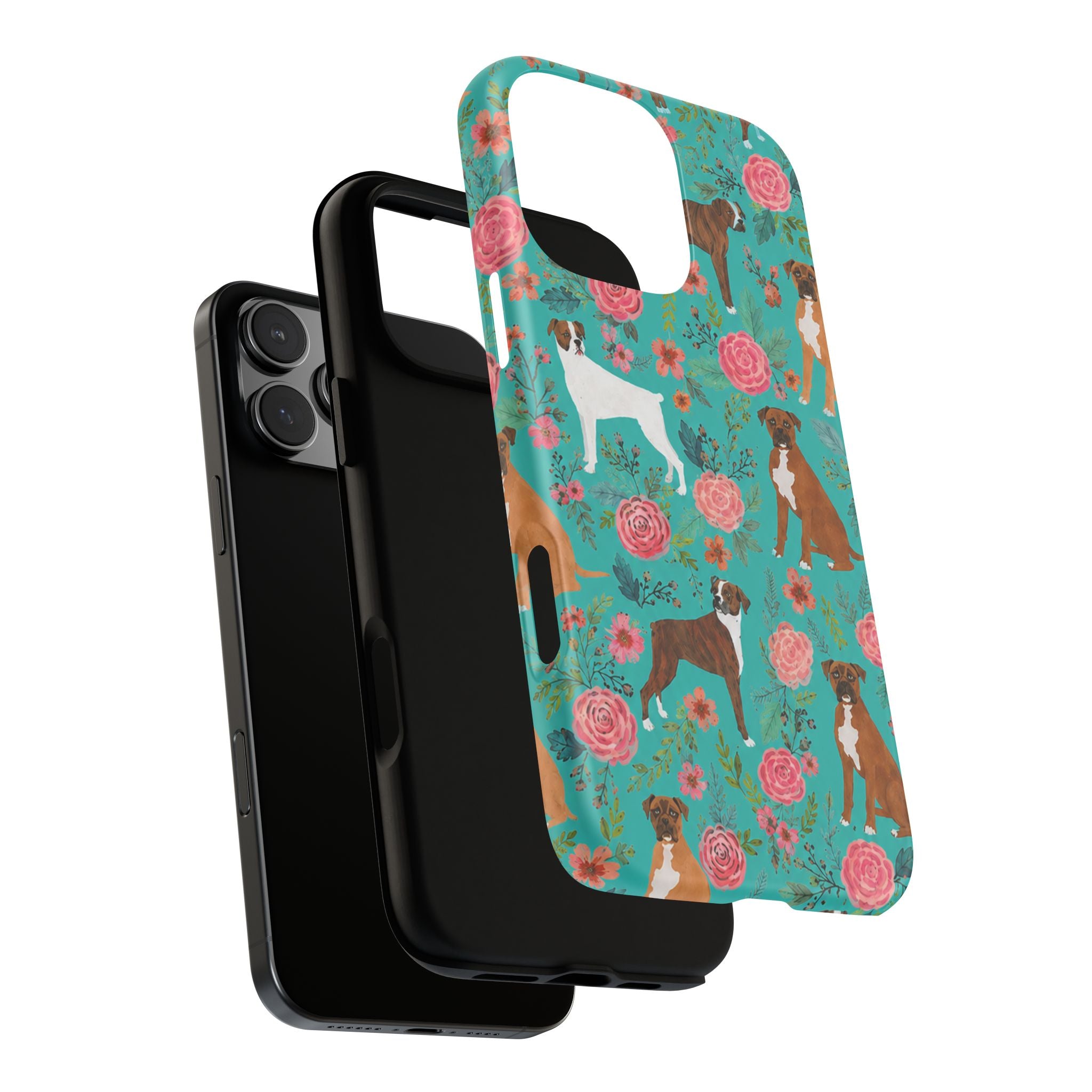 Boxer Dog Floral Phone Case — Teal Patterned Tough Cases