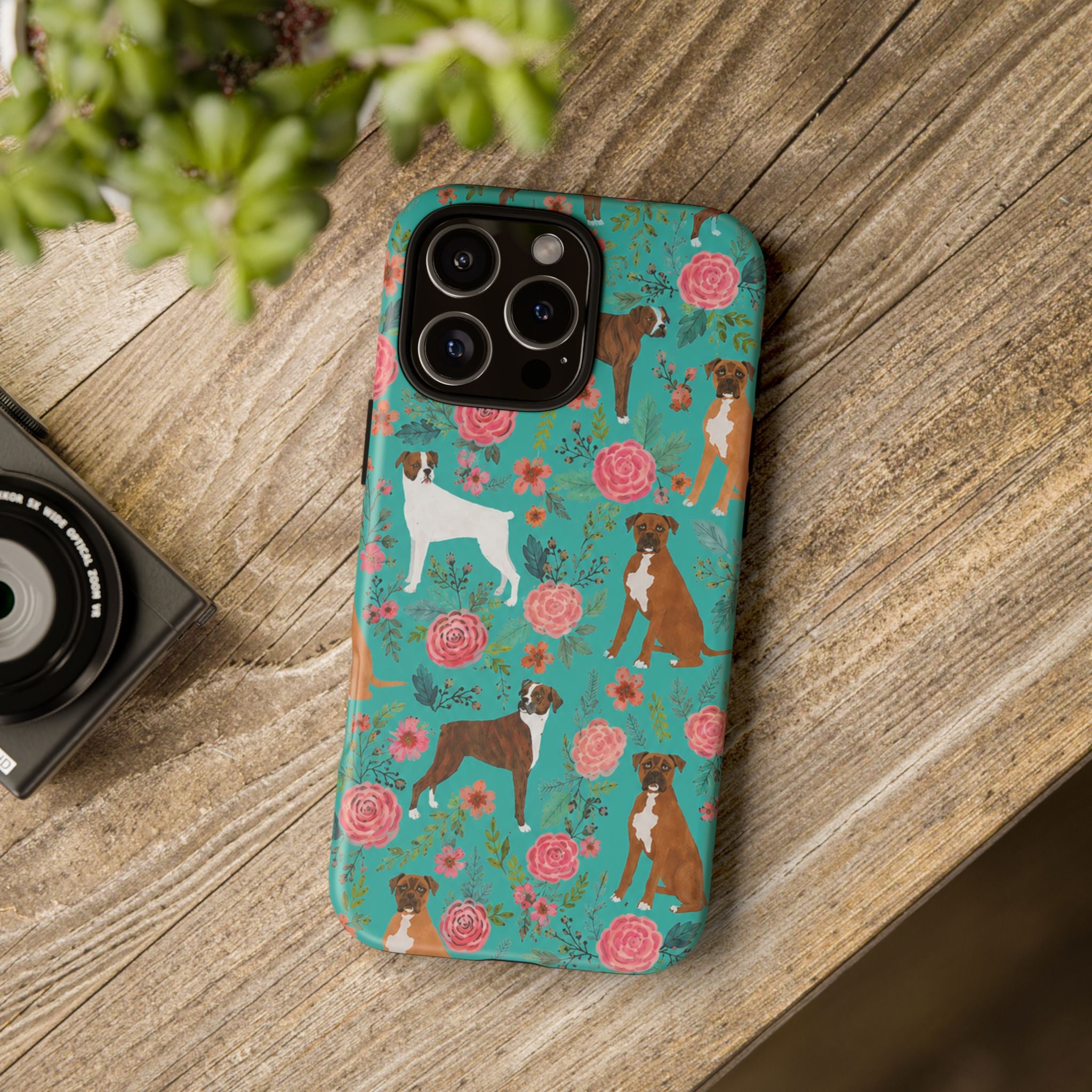 Boxer Dog Floral Phone Case — Teal Patterned Tough Cases