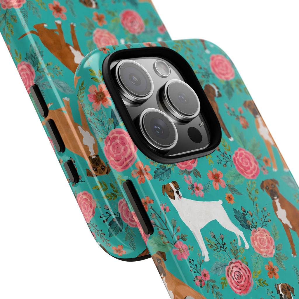 Boxer Dog Floral Phone Case — Teal Patterned Tough Cases