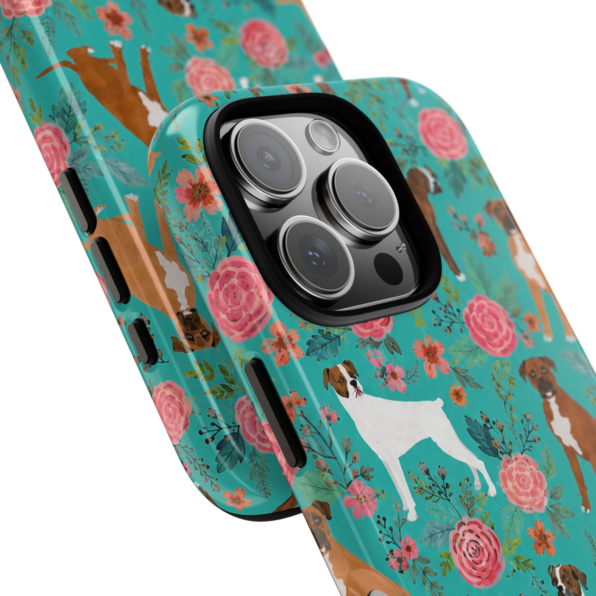 Boxer Dog Floral Phone Case — Teal Patterned Tough Cases