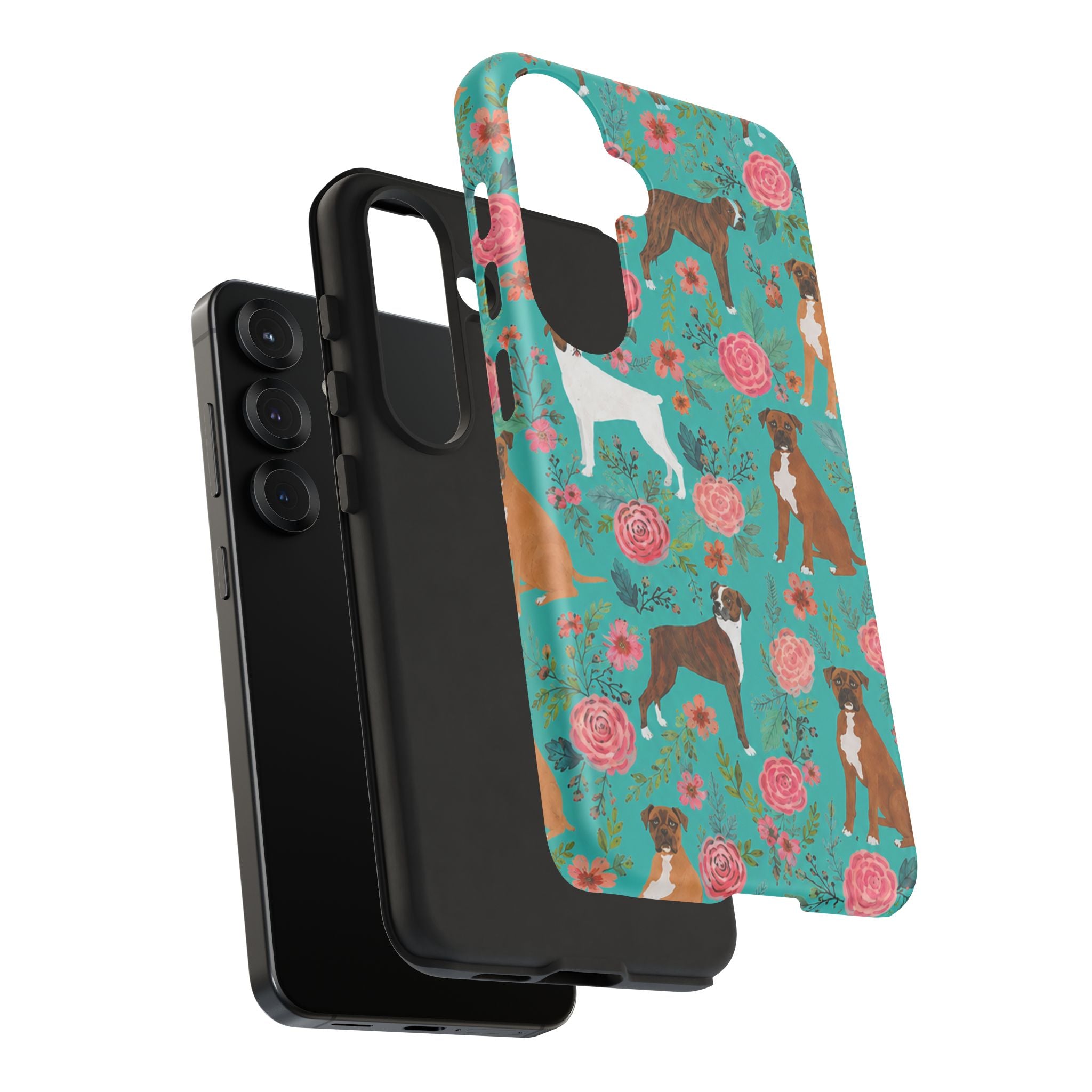 Boxer Dog Floral Phone Case — Teal Patterned Tough Cases