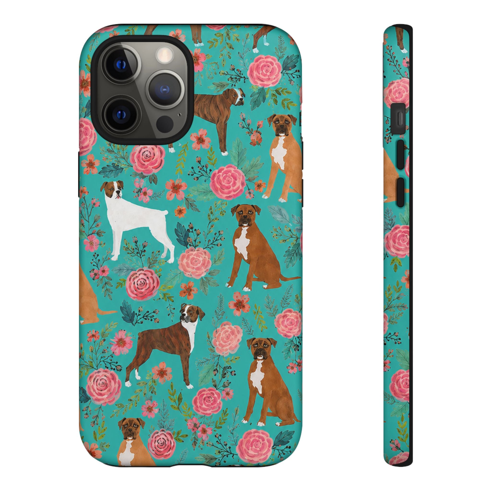 Boxer Dog Floral Phone Case — Teal Patterned Tough Cases