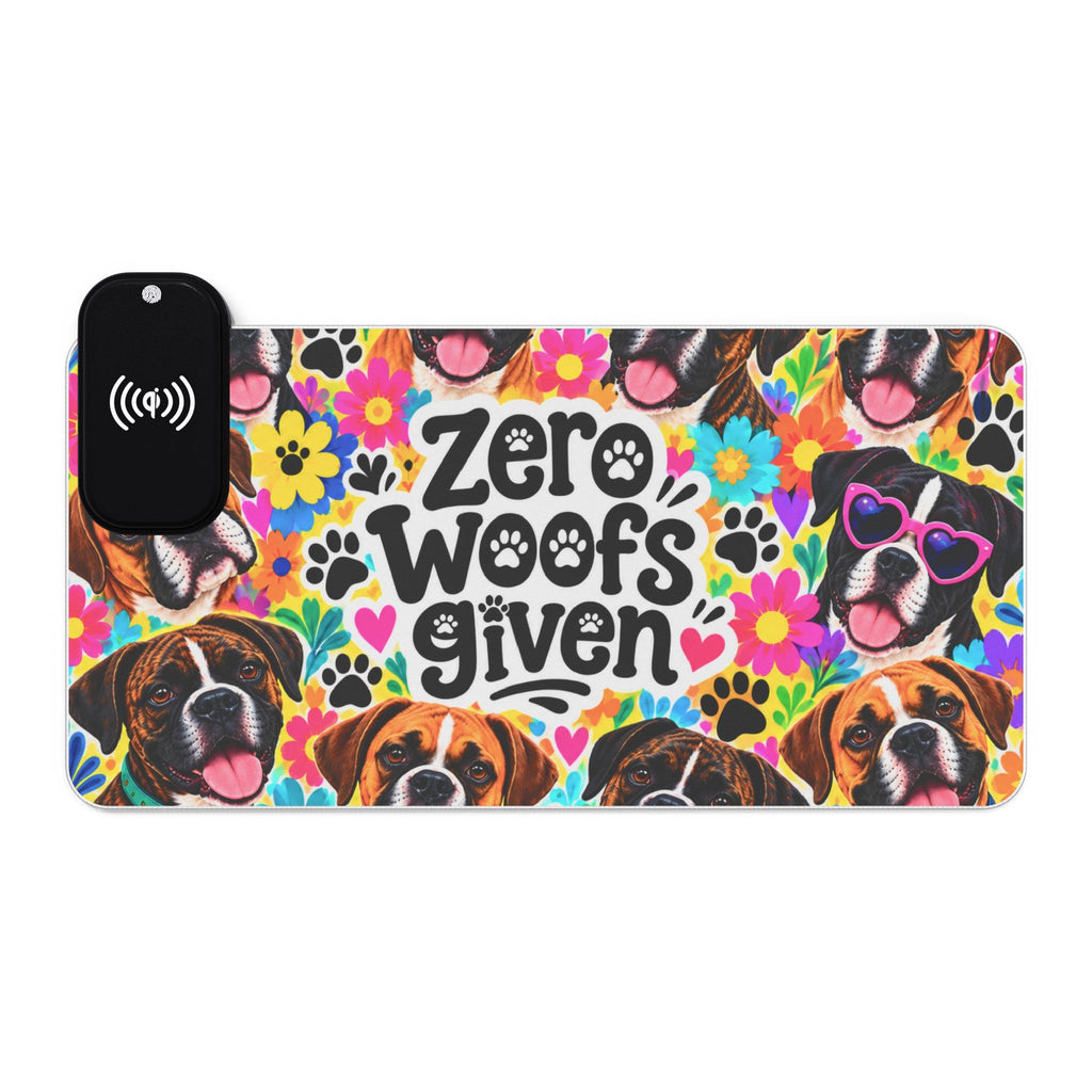 LED Wireless Charging Mouse Pad — "Zero Woofs Given" Colorful Boxer Dog Desk Mat