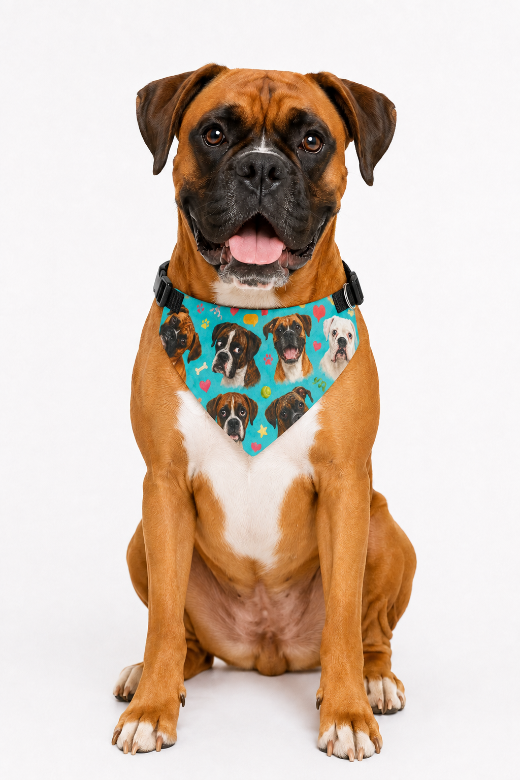 Clip-On Dog Bandana — Colorful Boxer Portraits on Teal